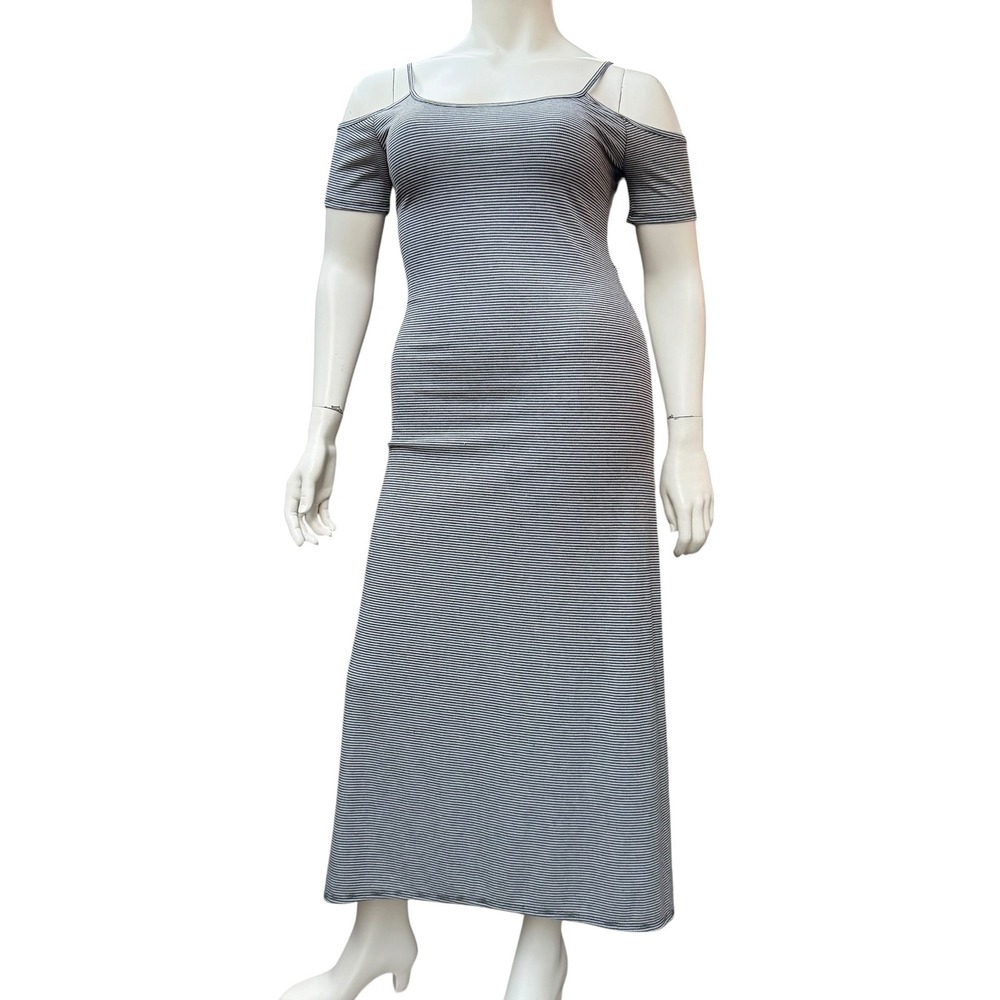 Caution To The Wind Maxi Dress Cold Shoulder Striped Grey Black Coastal Y2K
L